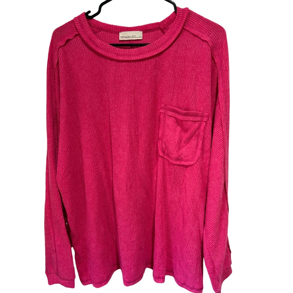 Pink Womens Zenana Ribbed Long Sleeve Pocket Top